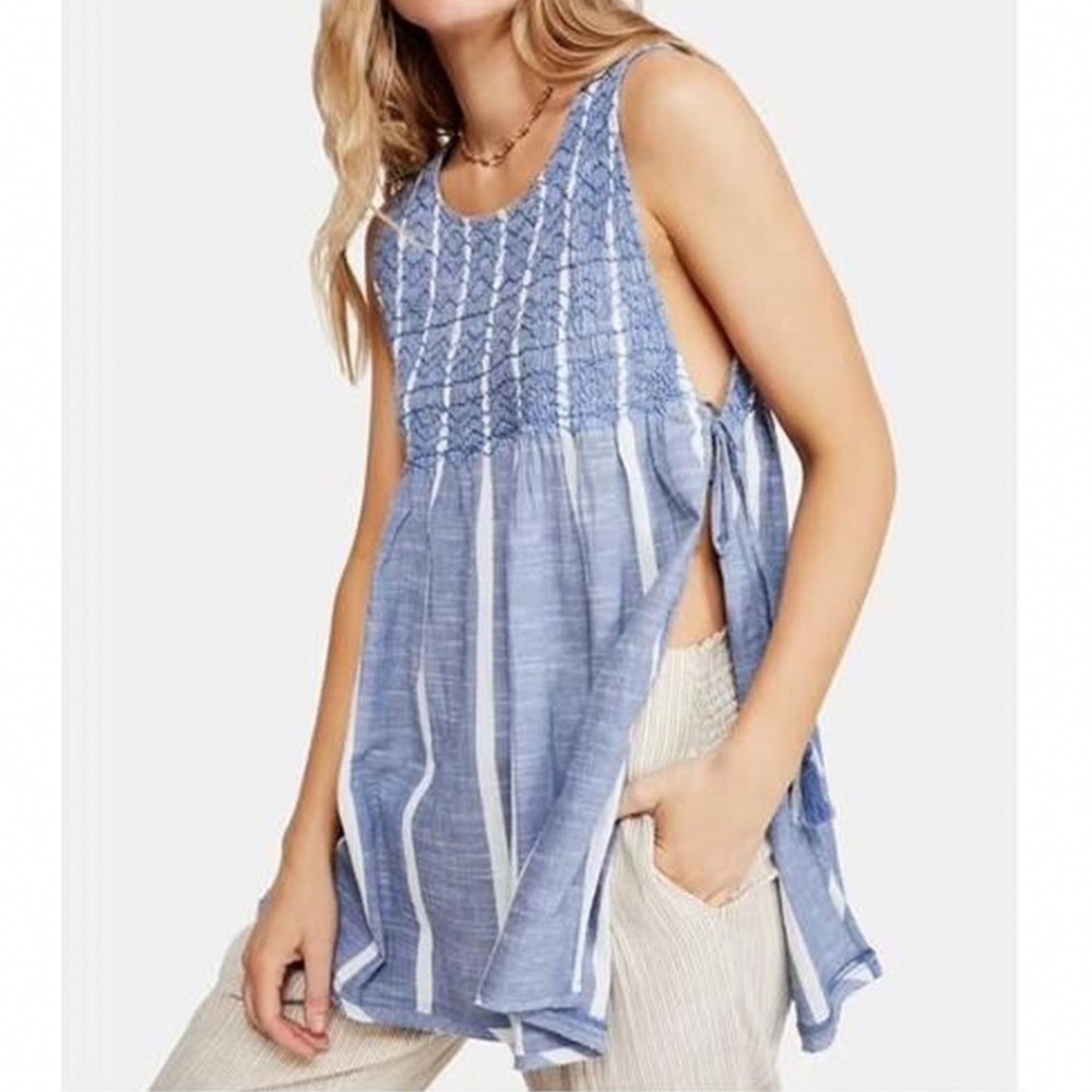 Free People Blue White Striped Smocked Tassel Side Tie Tunic Tank Top Small
